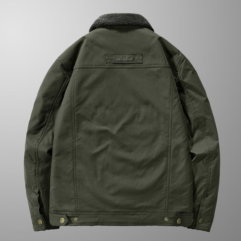 Men's Lined Canvas Trucker Jacket with Teddy Fleece Lining and Shirt Collar Mune Fashion