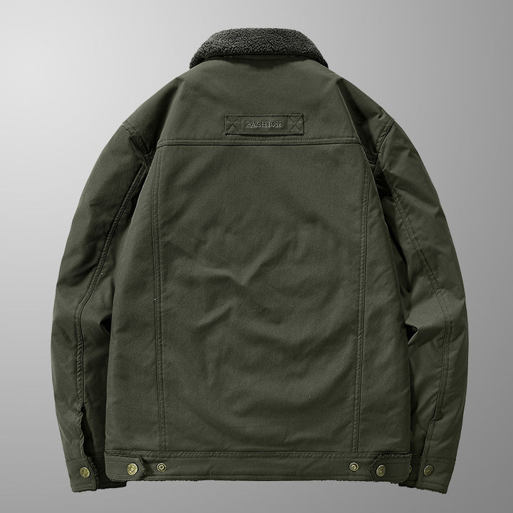 Men's Lined Canvas Trucker Jacket with Teddy Fleece Lining and Shirt Collar Mune Fashion