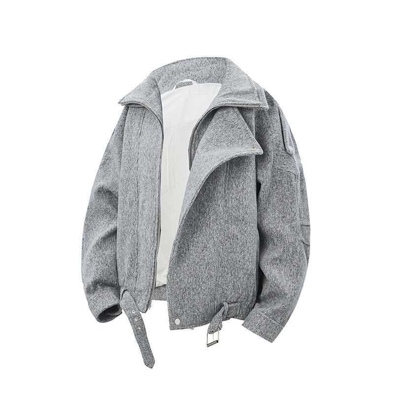 Ladies short cut wool blend biker jacket with asymmetric front and waist belt Mune Fashion