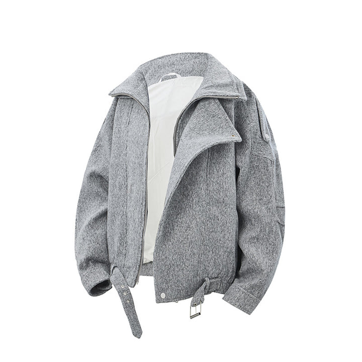 Ladies short cut wool blend biker jacket with asymmetric front and waist belt Mune Fashion