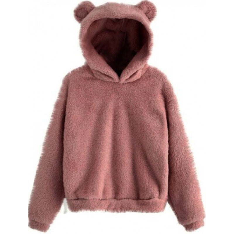 Women's Cozy Teddy Hooded Sweater with Bear Ears and Drawstring Hem Mune Fashion
