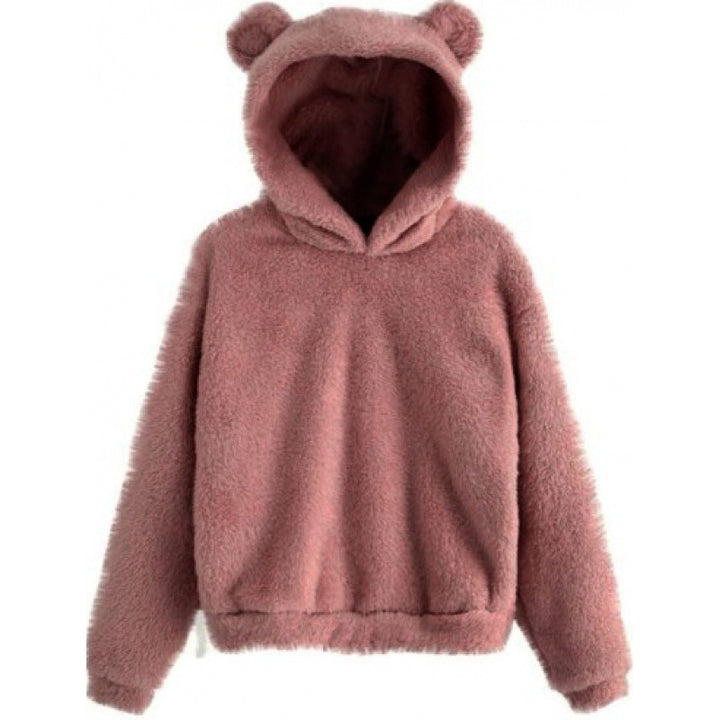 Women's Cozy Teddy Hooded Sweater with Bear Ears and Drawstring Hem Mune Fashion