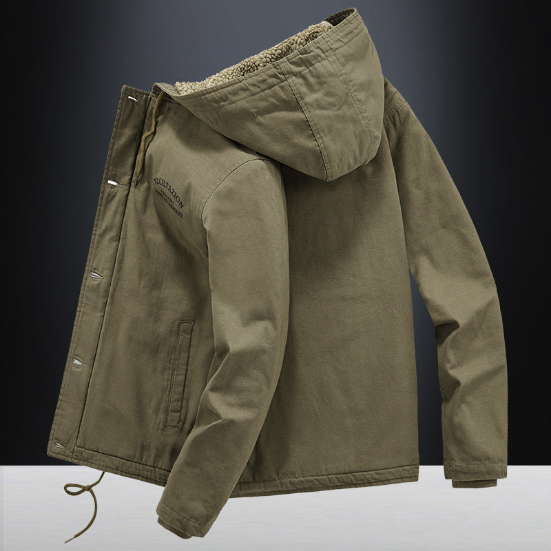 Men's canvas hooded jacket with full teddy lining, two-way zipper and drawstring hem Mune Fashion