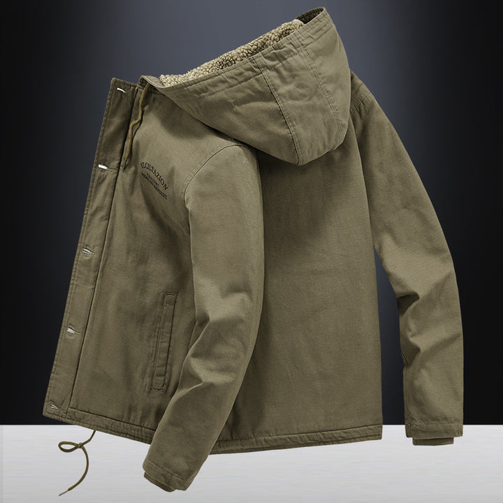 Men's canvas hooded jacket with full teddy lining, two-way zipper and drawstring hem Mune Fashion