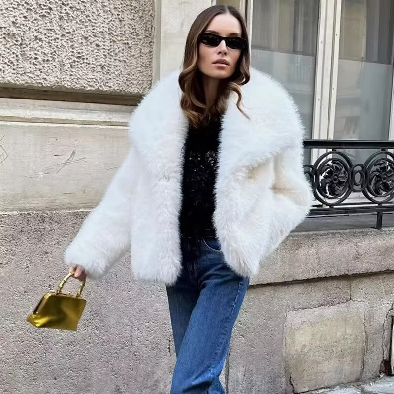 Women's Short Faux Fur Jacket in Bolero Style with Extra Soft Shawl Collar Mune Fashion