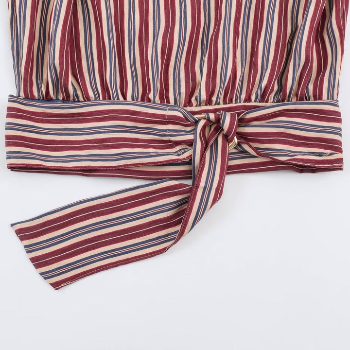 Women's Sleeveless Striped Blouse with Waterfall Collar and Tie Belt Mune Fashion