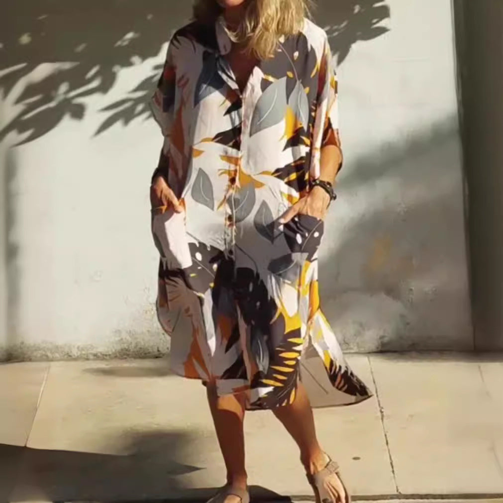 Women's airy-light kaftan shirt dress with dropped shoulder, hidden button placket, and side pockets Mune Fashion