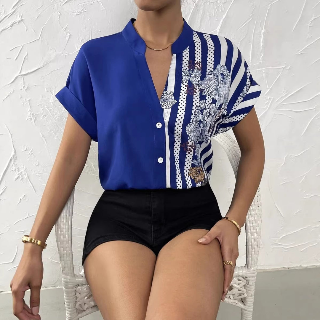 Women’s short sleeve blouse with stand collar and asymmetric stripe-floral print Mune Fashion