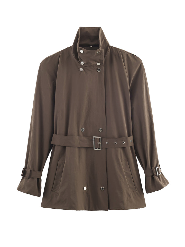 Women’s short tailored trench coat with stand-up collar and tie belt Mune Fashion