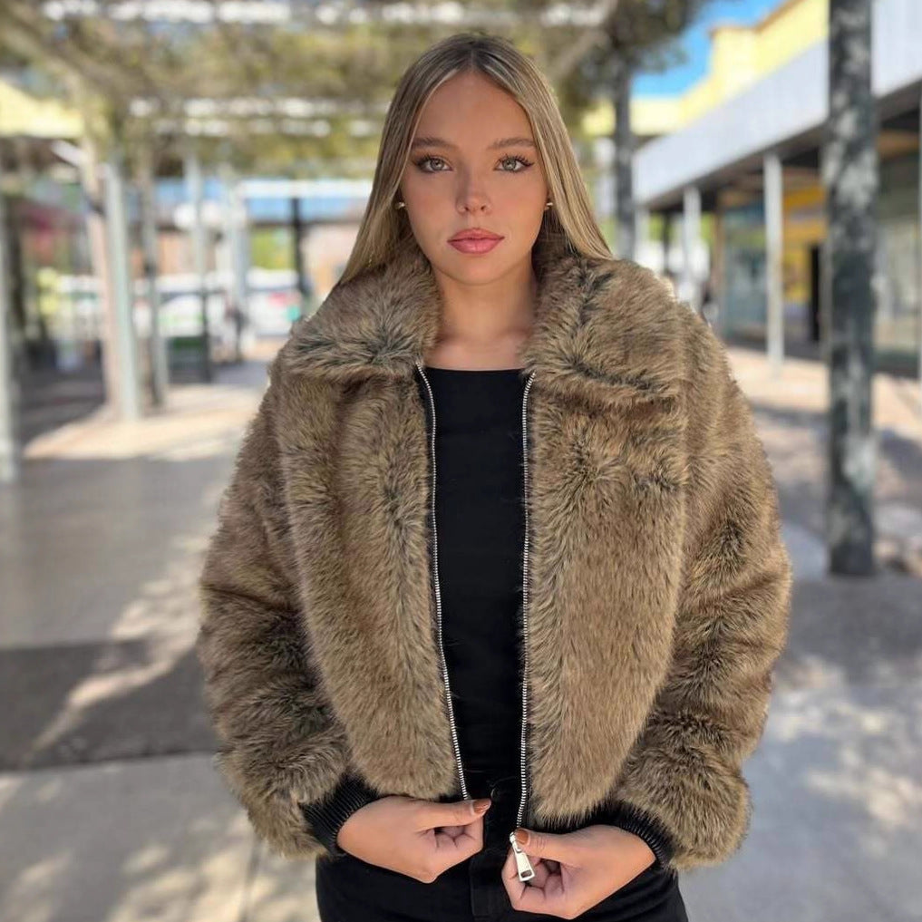 Women's Short Faux-Fur Bomber Jacket with Zip and Ribbed Hem Mune Fashion