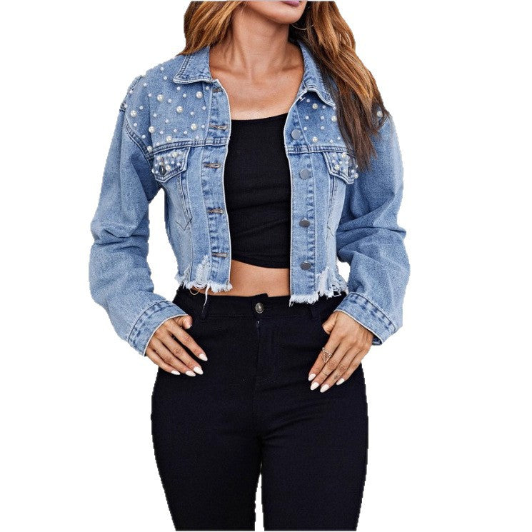 Ladies short denim jacket with pearl embellishments, fringed hem, and wide-cut sleeves Mune Fashion