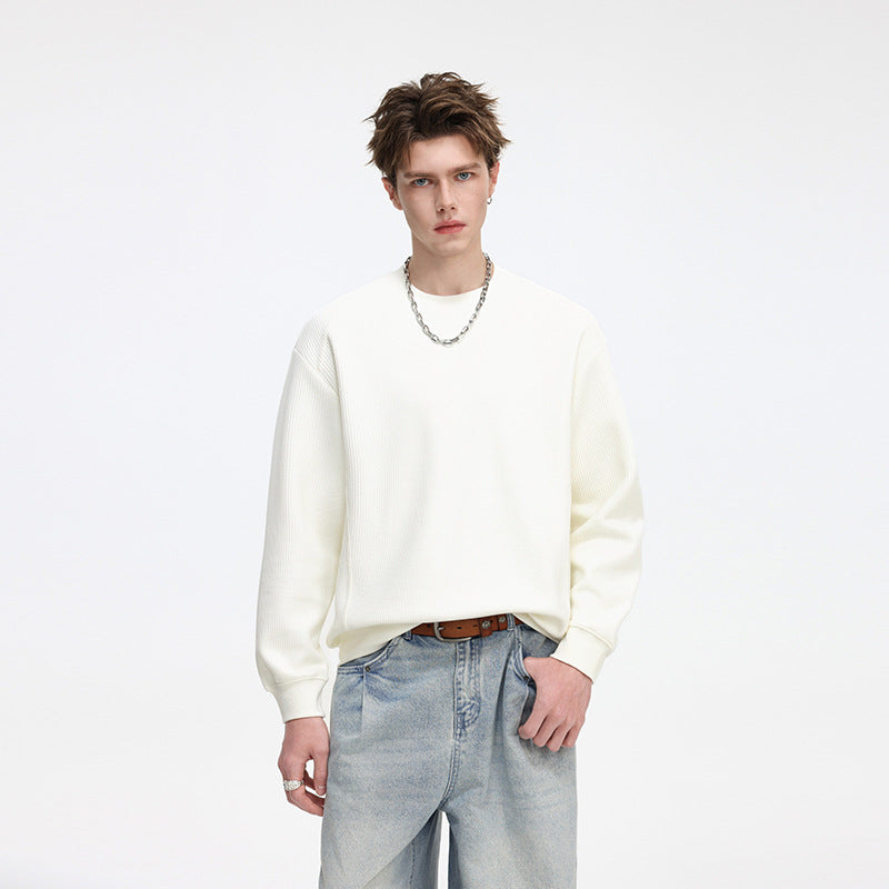 Men's waffle knit round neck sweatshirt with relaxed fit and ribbed cuffs Drune