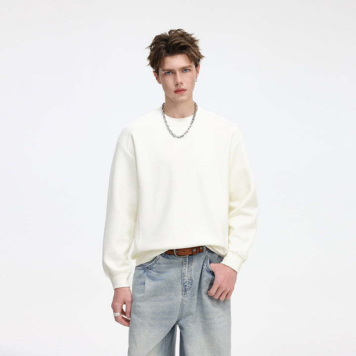 Men's waffle knit round neck sweatshirt with relaxed fit and ribbed cuffs Drune