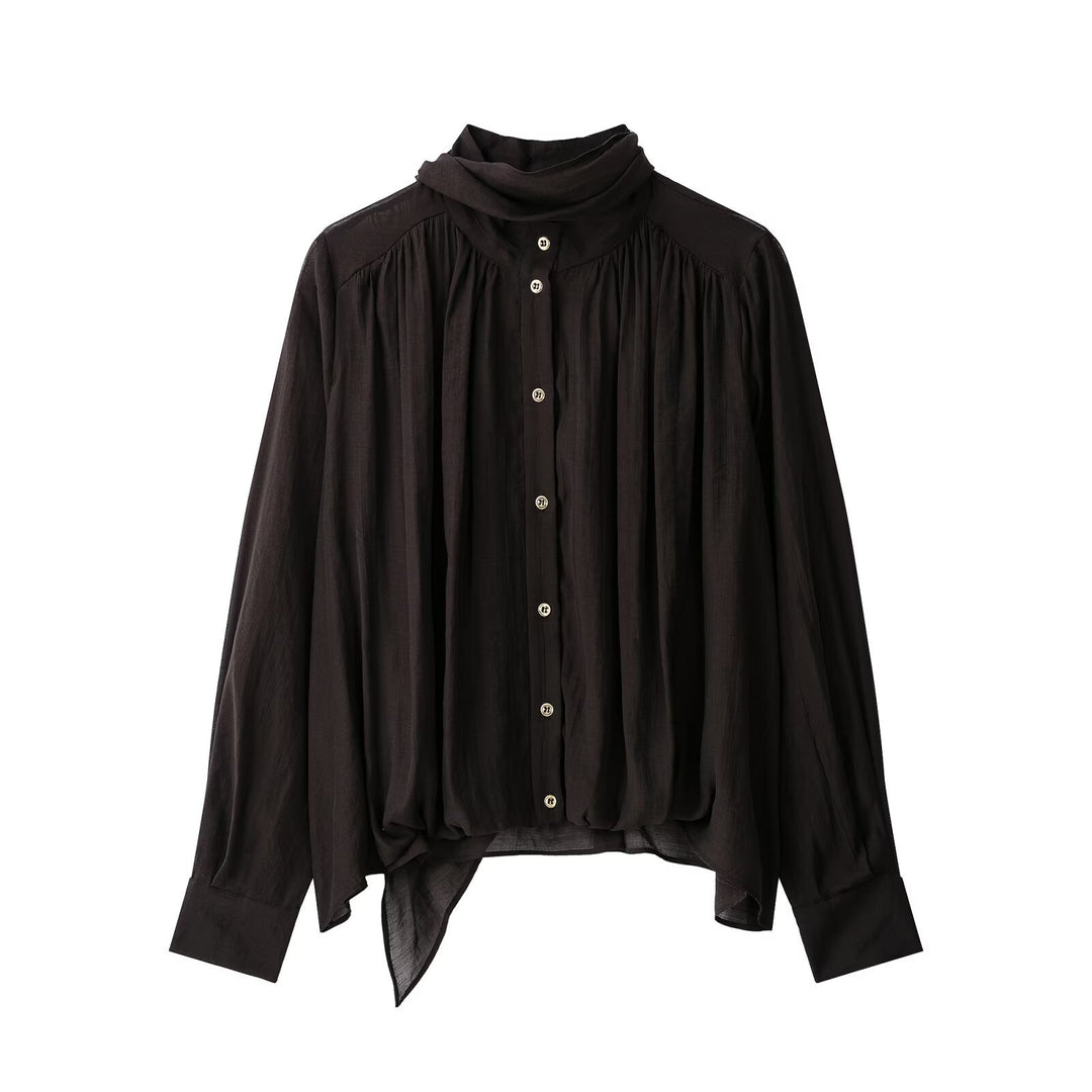 Women's Soft Chiffon Blouse with Stand Collar, Button Placket and Asymmetrical Hem Mune Fashion