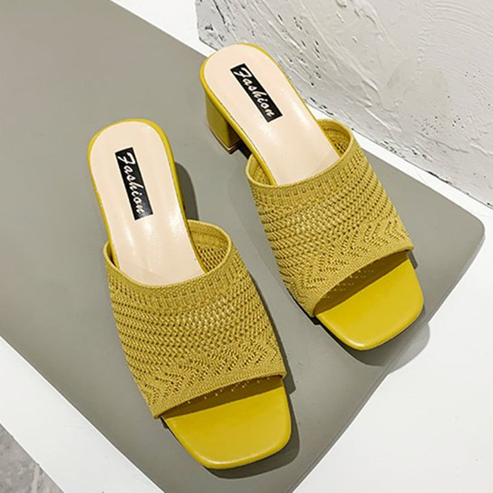 Women's airy knitted mules with square toe and wide block heel Mune Fashion