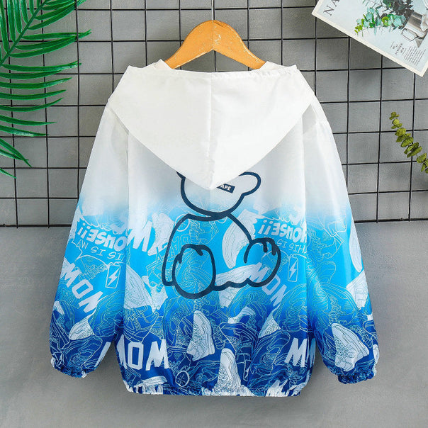 Unisex nan lightweight hoodie jacket with comic bear print, windbreaker fabric, and elastic hem Mune Fashion