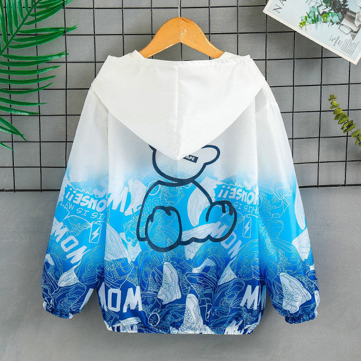 Unisex nan lightweight hoodie jacket with comic bear print, windbreaker fabric, and elastic hem Mune Fashion