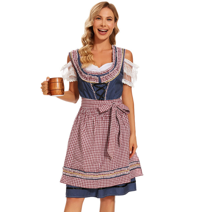 Ladies traditional dirndl dress with checked apron skirt, lacing and lace sleeves Mune Fashion