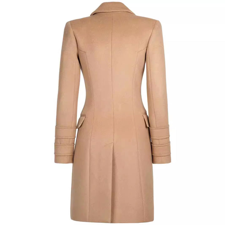 Women’s short coat in blazer dress style with structured waistline and golden decorative buttons Mune Fashion