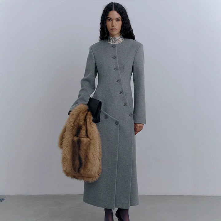 Women Long tailored wool mix coat with round neckline and asymmetric button placket Mune Fashion