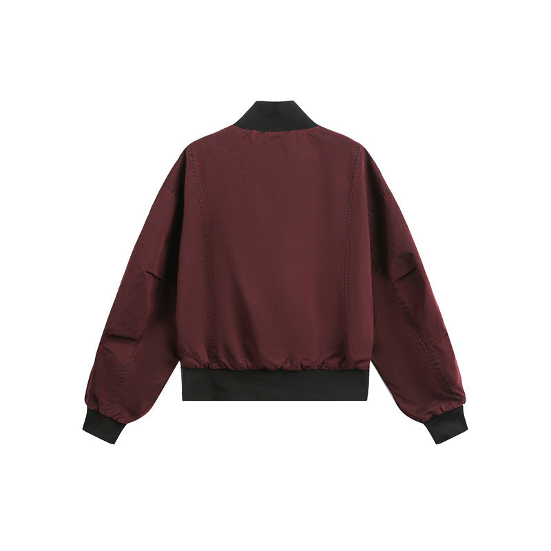 Unisex Short Cut Satin Bomber in Boxy Cut with Contrasting Ribbed Collar and Balloon Sleeves Mune Fashion