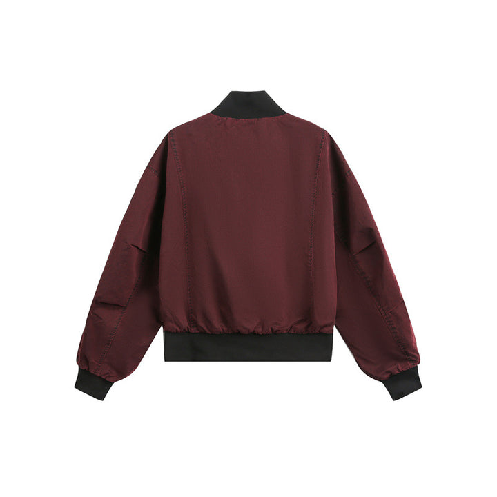 Unisex Short Cut Satin Bomber in Boxy Cut with Contrasting Ribbed Collar and Balloon Sleeves Mune Fashion
