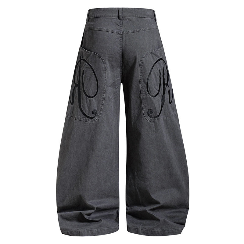 Women's Wide Denim Palazzo Pants with Balloon Hem and Attached Logo Pockets Mune Fashion