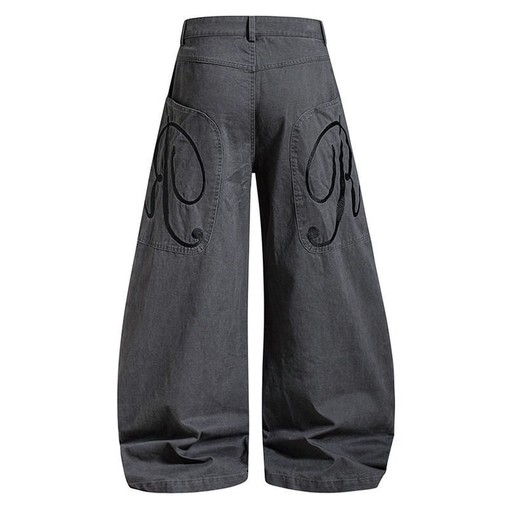 Women's Wide Denim Palazzo Pants with Balloon Hem and Attached Logo Pockets Mune Fashion