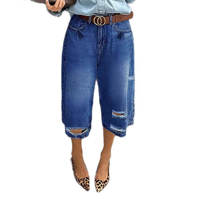 Women High-Waisted Denim Culotte with Destroyed Inserts and Raw Hem Mune Fashion