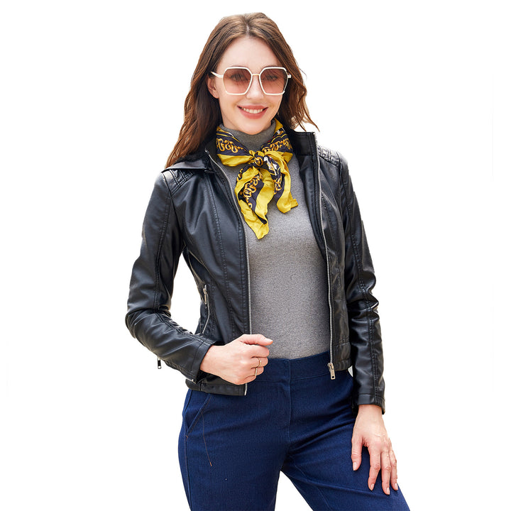 Women's tailored faux leather jacket with hood, padded inner lining and concealed zip pockets Mune Fashion