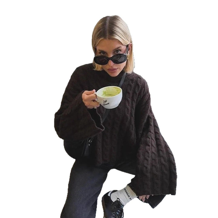 Women's Short-Cut Cable Knit Sweater with Turtleneck & Balloon Sleeves Mune Fashion