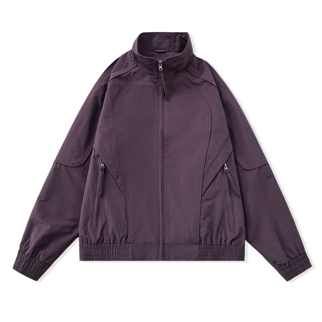 Women Short Boxy Utility Jacket with ergonomic seams, high standing collar and drawstring hood
