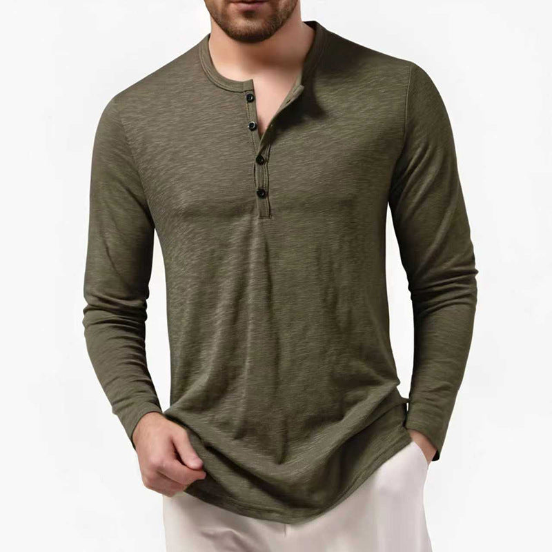 Men's Slim-Fit Henley Long Sleeve Shirt with Short Button Closure and Rounded Hem Mune Fashion