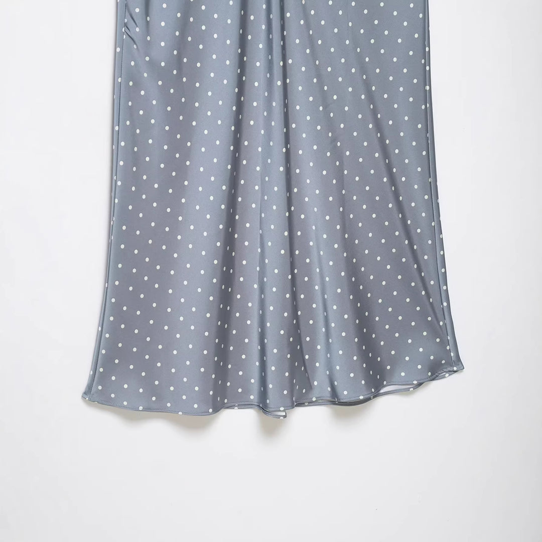 Women’s midi skirt in vintage look with polka dot pattern, high waist fit and flowing satin A-line Mune Fashion