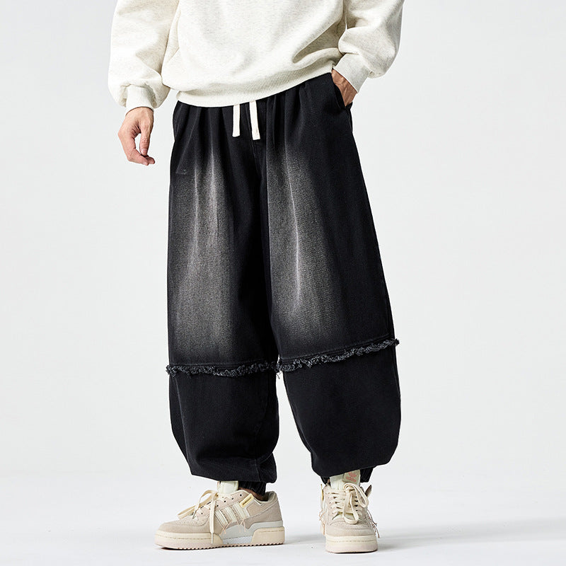 Men Wide-cut Baggy Denim Pants with Drawstring, Elastic Leg Openings and Fringed Detail Mune Fashion