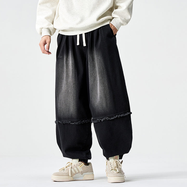 Men Wide-cut Baggy Denim Pants with Drawstring, Elastic Leg Openings and Fringed Detail Mune Fashion