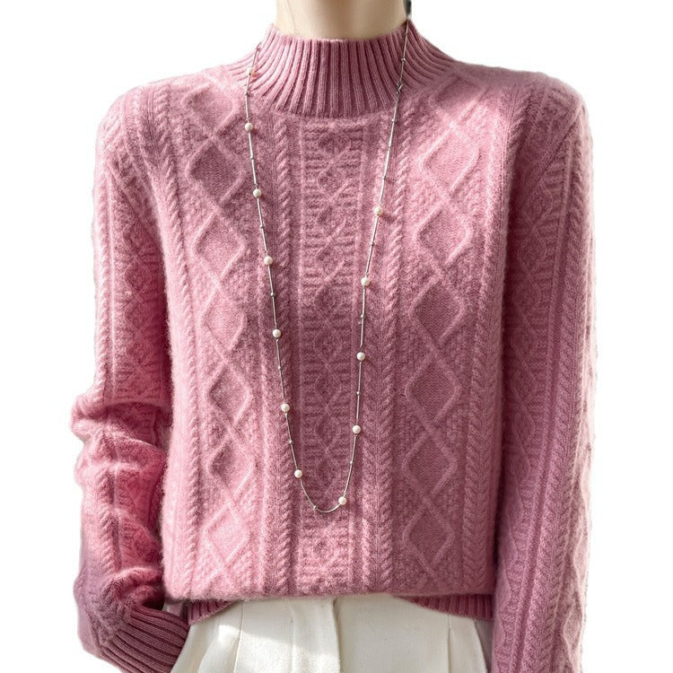 Women Cozy Mohair-Optic Mock Neck Sweater with Diamond Cable Structure and Boxy Silhouette Mune Fashion