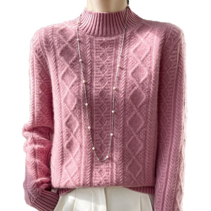 Women Cozy Mohair-Optic Mock Neck Sweater with Diamond Cable Structure and Boxy Silhouette Mune Fashion