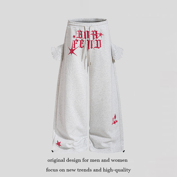 Women's Extra Wide Palazzo Sweatpants with Wing Pockets, Drawstring Waistband and Gothic Print Mune Fashion