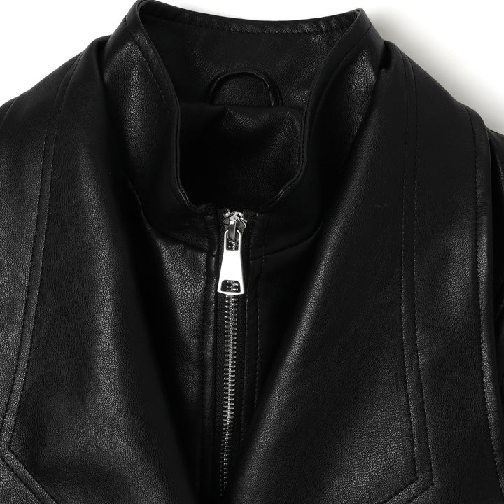 Women leather jacket with wide shawl collar, gathered waist area and balloon sleeves Mune Fashion