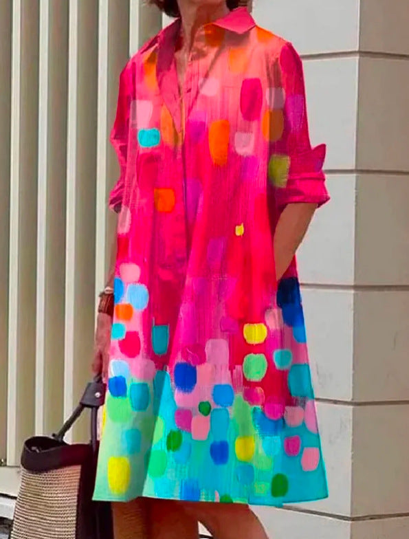 Women's Loose Shirt Dress in Satin Look with Baroque Chain Print and 3/4 Sleeves Mune Fashion