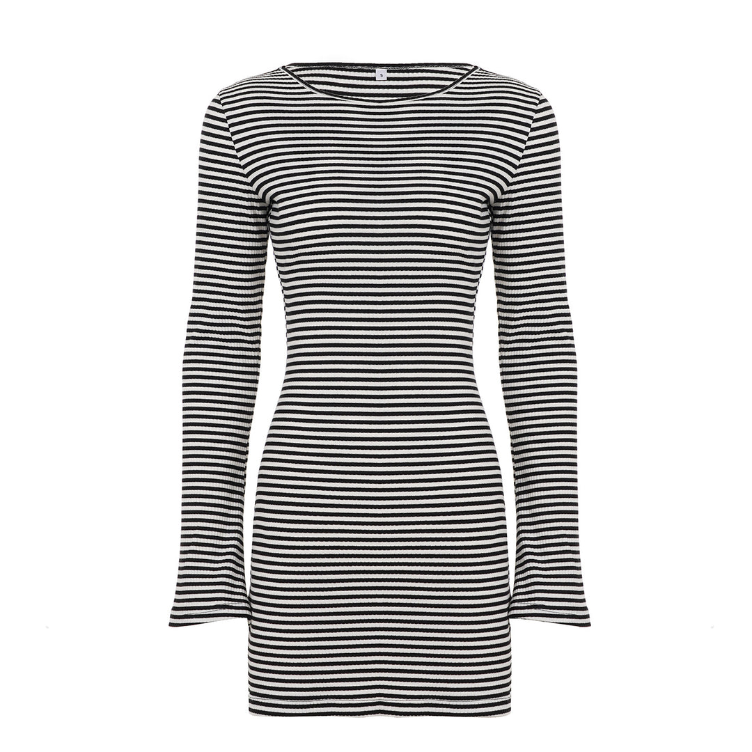Women's tailored ribbed mini dress with boat neckline and flared sleeves Mune Fashion