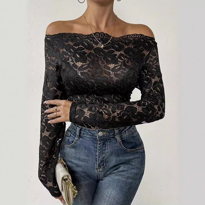 Women's figure-hugging lace top with off-the-shoulder neckline and long sleeves Mune Fashion