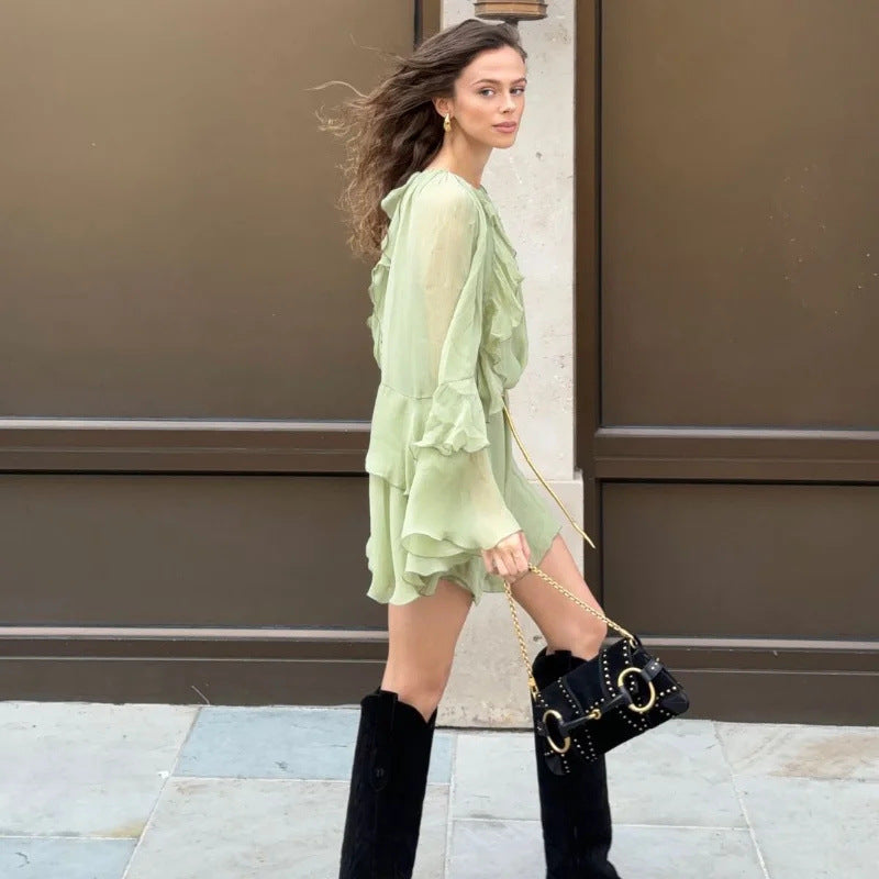 Women 70+ Ruffled Chiffon Mini Dress with High Neck, Waist Elastic and Wide Bell Sleeves Mune Fashion