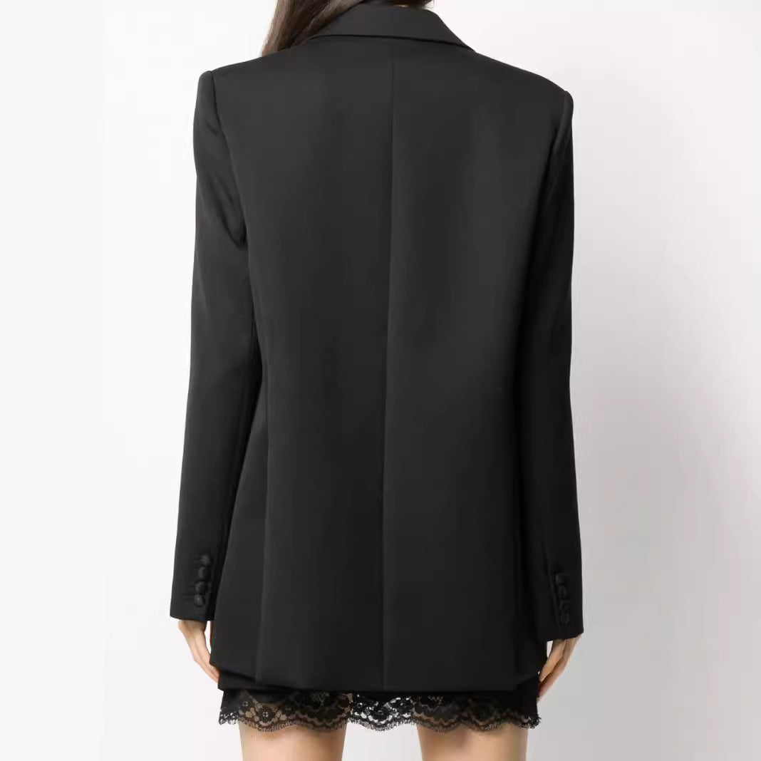 Women’s Oversized Single-Breasted Long Blazer with Satin Shawl Collar and Clean Tailoring Mune Fashion
