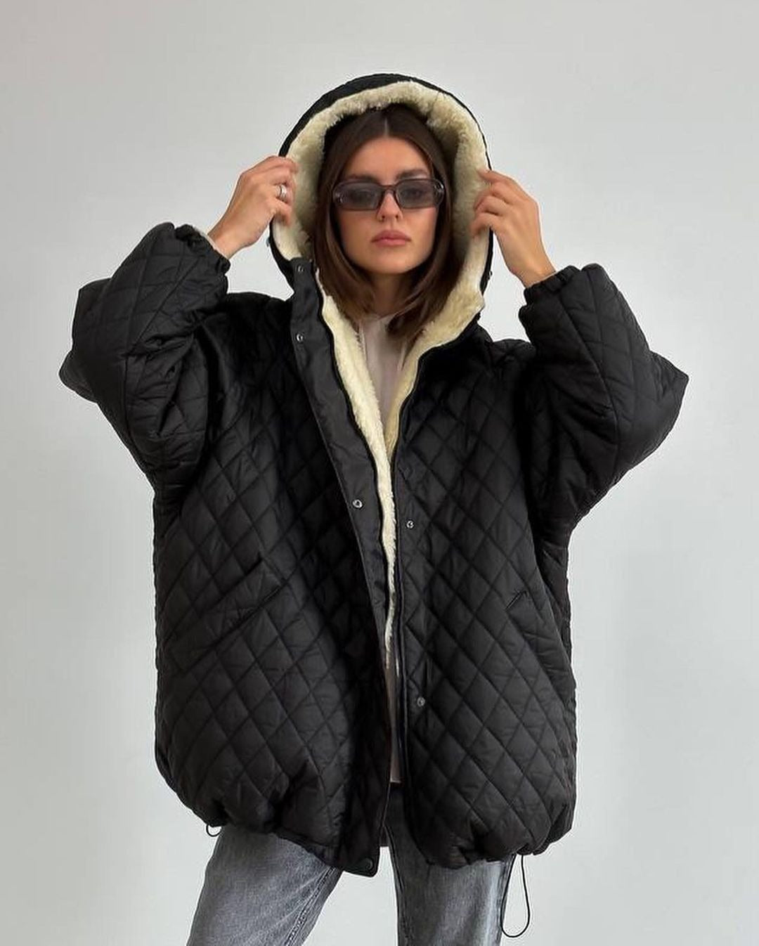 Women's Oversize Quilted Jacket with Teddy Lining and Hood Mune Fashion