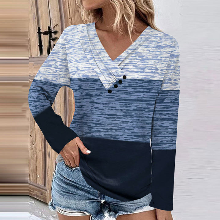 Women's Ribbed V-Neck Sweater with Gradient, Decorative Buttons and Relaxed Fit Mune Fashion