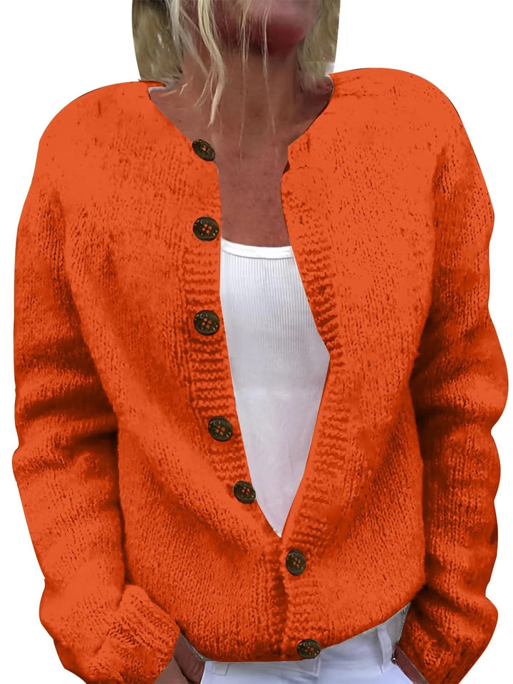 Ladies cozy knitted cardigan with decorative wooden buttons and round neckline Mune Fashion