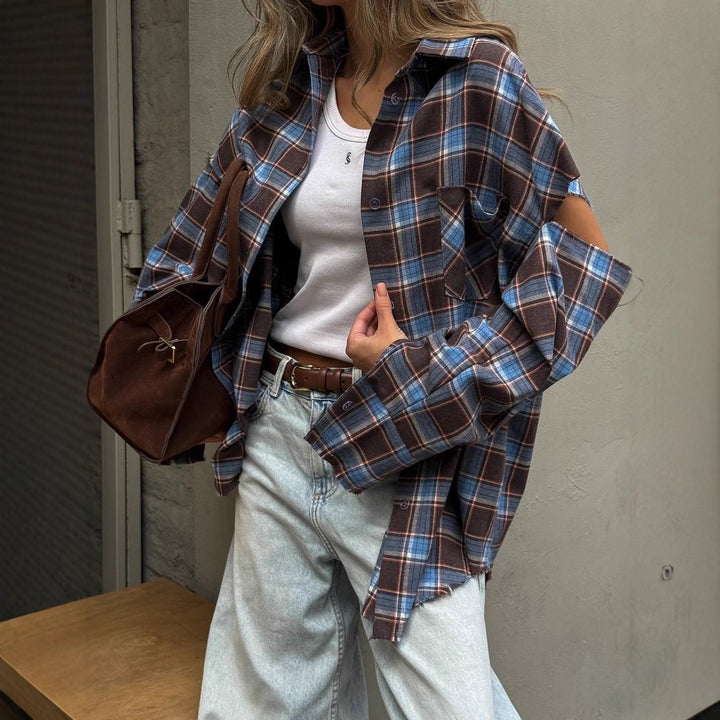 Women checked oversized shirt jacket with cut-out sleeves and raw hem Mune Fashion