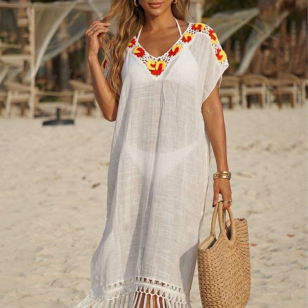 Women's airy crochet beach cover-up with fringed embellishments Mune Fashion